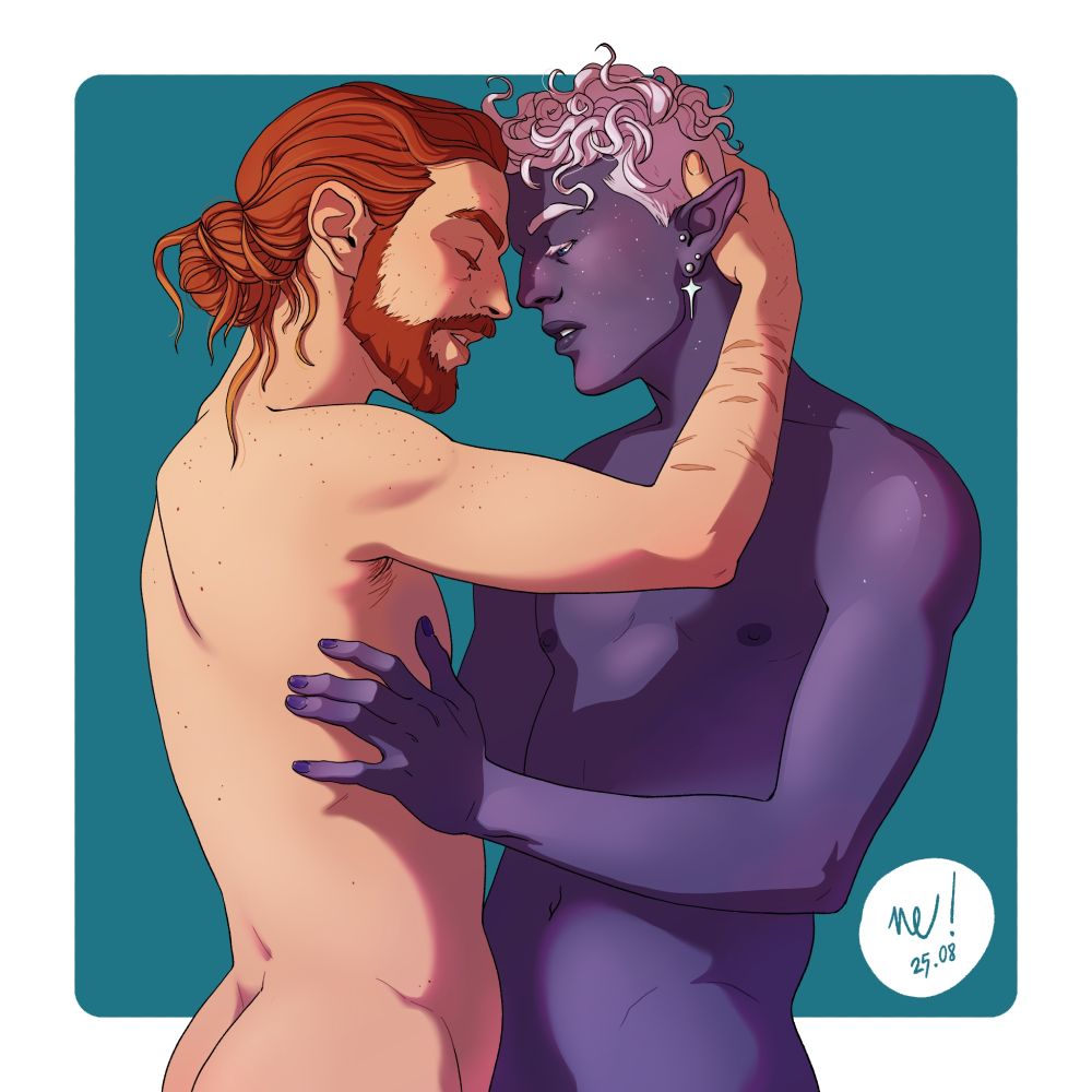 Drawing of two characters from Critical role. Both are naked, male, and holding each other in their arms. Left is Caleb, fair skin, red hair and beard, freckles on his face and shoulders, eyes closed. He has scars on his forearm. Right is Essek, dark elf (drow) with purple skin and short white curly hair, silvers earrings, and eyes half opened watching Caleb.
