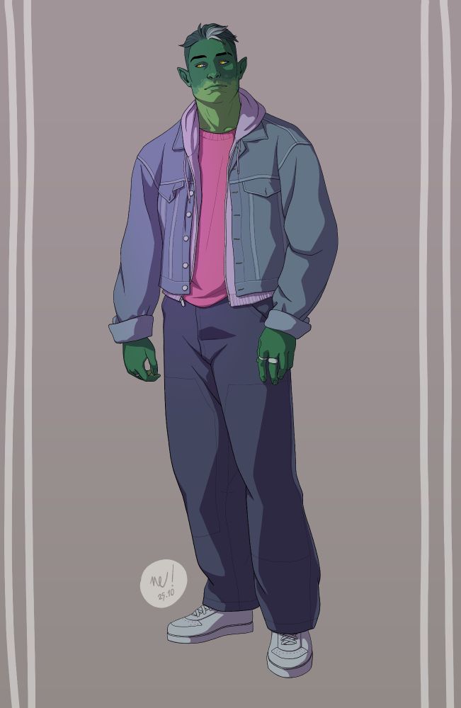 Fanart of Fjord from Critical Role in a modern alternate universe. He's a half-orc with short dark hair and a strike of white on the front. He has yellow eyes and green skin that fades lighter towards his chin. He's wearing a pink tshirt, lilac hoodie and a jeans jacket on top, with dark jeans and white sneakers.