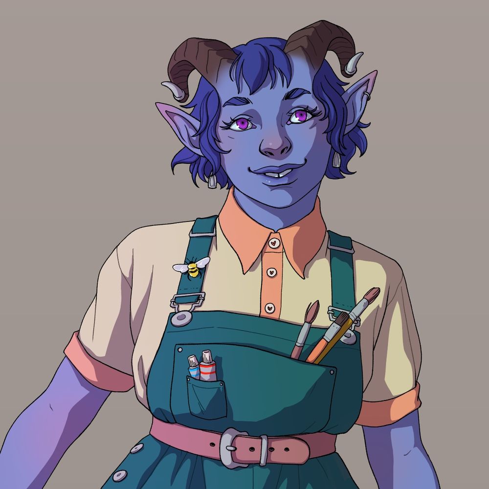 Close-up of the Fanart of Jester from Critical Role in a modern alternate universe. She's a blue tiefling with adorned ram-like horns, pointy ears and short blue hair. She wears some green overalls and a peach shirt underneath. There are brushes and paint in her pockets.
