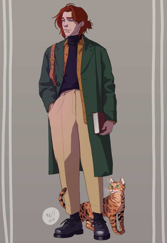 Fanart of Caleb Widogast from Critical Role in a modern alternate universe. He's a human with blue eyes, medium red hair and freckles. He wears a black turtleneck layered with an orange shirt and dark green coat, beige pants and black shoes. Frumpkin, his orange pet Bengal cat,  is at his feet.