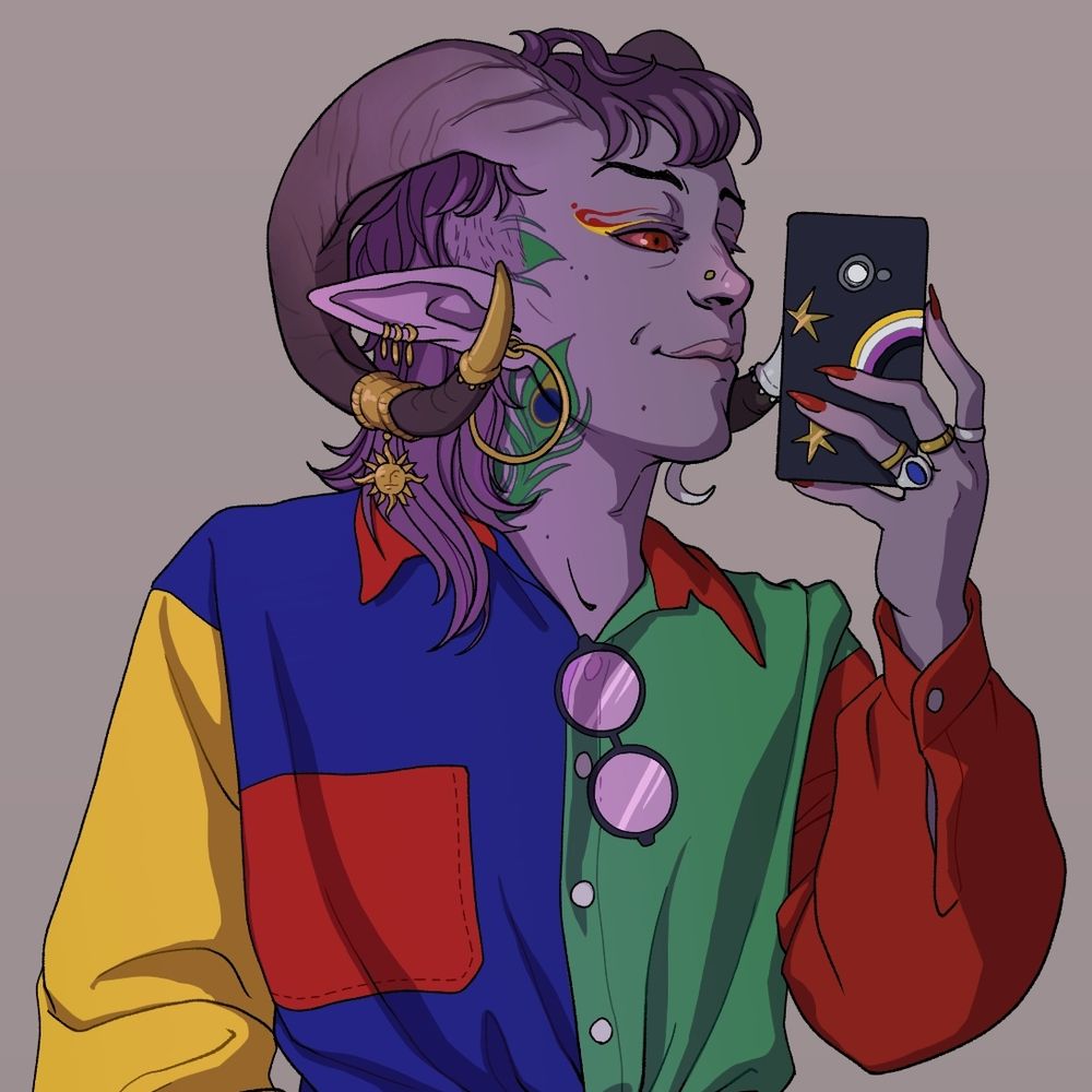 Close-up of the Fanart of Mollymauk from Critical Role in a modern alternate universe. They're a purple tiefling with adorned ram-like horns, pointy ears, a purple mullet and eye make-up. They're holding their phone up as if taking a selfie. They wear a bright colorful long-sleeved shirt.