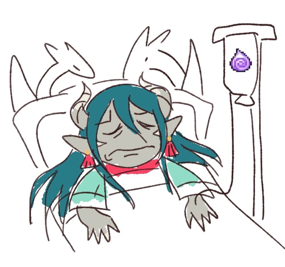 Drawing of Caldarus lying down in bed with a medical drip of “essence”