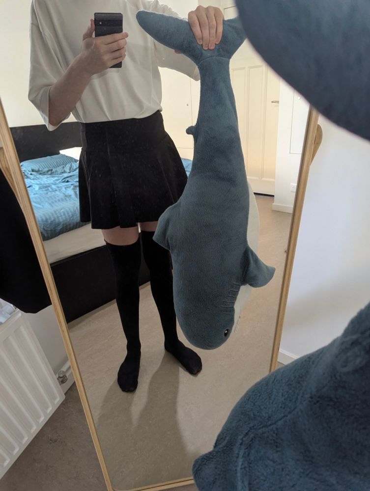 A femboy holding a blahaj by the tail. They are wearing black thigh highs, a black skirt and a white t shirt.