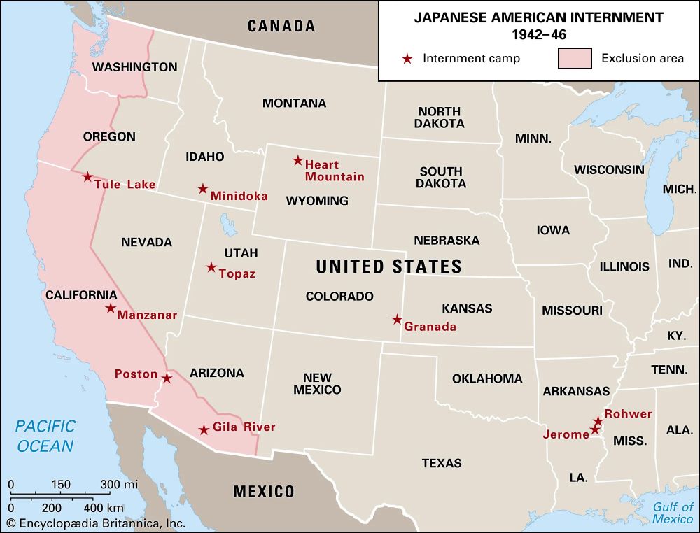 Chart detailing Japanese Internment Camps in the US