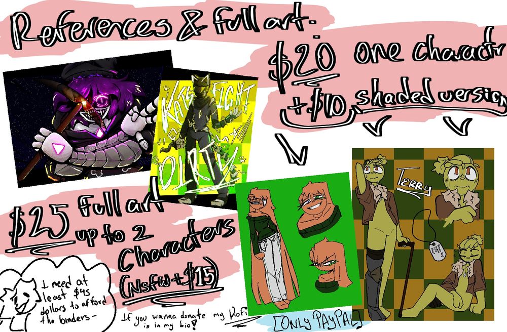 References and full art:

$25 full art up to 2 characters (NSFW + $15)

$20 one character reference, + $10 shaded version.

If you wanna donate, my Ko-fi is in my bio! 

ONLY PAYPAL