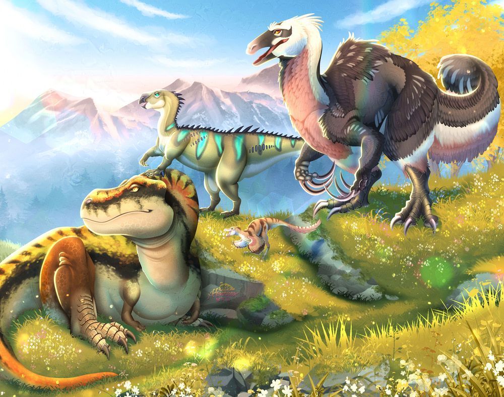 A illustration of a group of dinosaurs standing and sitting on a grassy hill, looking out over the distance, a yellow and orange coloured trex, a Tenontosaurus, a therizinosaurus, and a raptor, all happily looking to the left.
