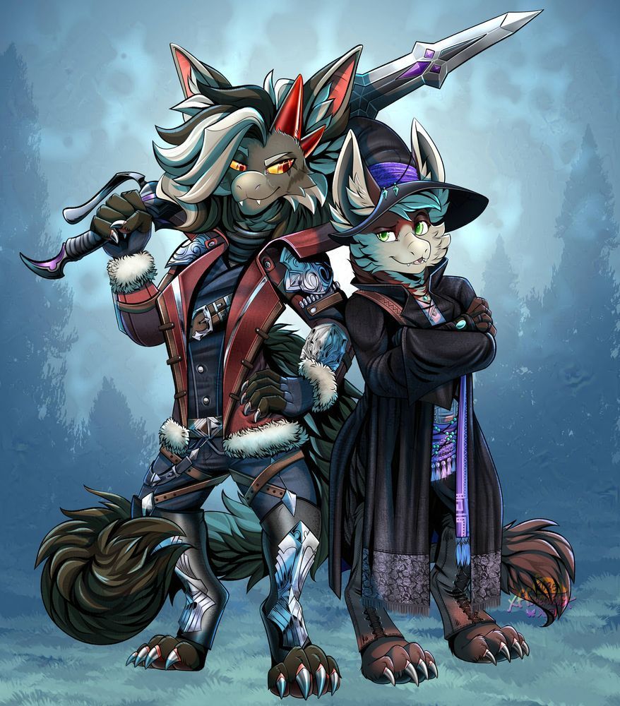 A digital commission of two furry characters, ferrins back to back, one taller than the other with bushy tails and both wearing FFXIV inspired outfit designs.