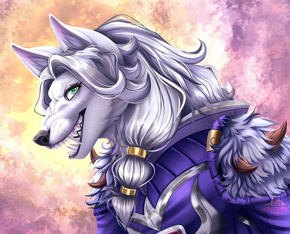 A bust commission of a white worgen from world of warcraft in her worgen wolf form grinning at the viewer from a side profile
