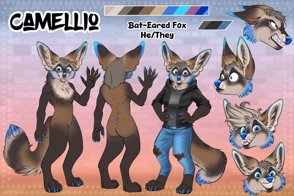 A Reference sheet commission of a furry bat eared fox character with brown fur colouring and blue eyes, tails, claws, nose, cheek and ear tips.

One full body has standard every day clothing while on the side are four expressions, anger, surprise, grin (with longer hair) and a happy cheeky expression on the bottom. 