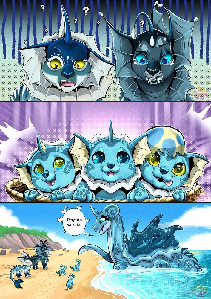 A small comic strip of three panels, the first one of two unique Vaporeon parents staring down confused, with question marks behind their head.

The second panel shows off three normal Vaporeon babies who just hatched from their egg, staring up happily.

The third panel shows the two Vaporeon parents showing off their three new children to a unique Lapras at the beach.