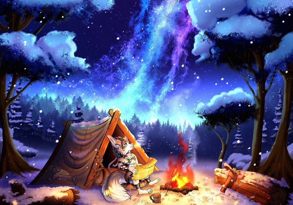 A full illustration of a snow covered landscape with a galaxy in the distance overlooking the campsite with a charr vulpera hybrid sitting by the fire looking up at the stars in wonder.