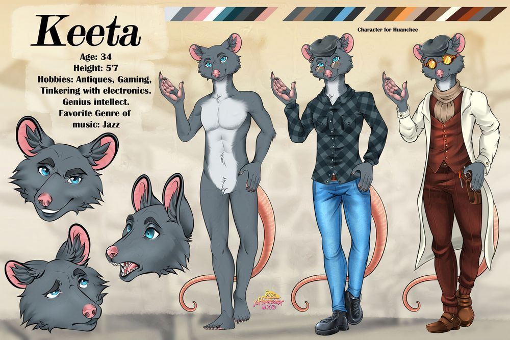 A reference sheet of a mice character who is wearing very early 1900's outfits and three expressions of smirk, surprise, and pondering.