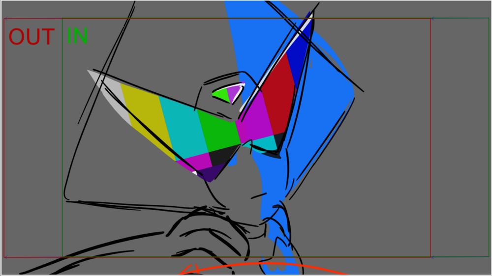 A storyboard panel close-up of Peridot having been turned around by Steven. Her expression is unreadable and her visor and gem are overlaid with the smpte color bars. I really ate with this one if i say so myself