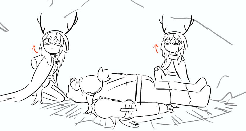 Two Huntress Wizards sitting next to Finn on the ground look up at an offscreen interloper (spoiler: it's a third Huntress Wizard) 