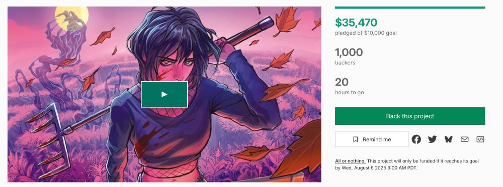 Project page image for the White Ash Kickstarter showing Vivian the Assassin prepping to go on a blind date, pitchfork in tow. Also shows the total backer count for the project has just hit 1000 backers. 