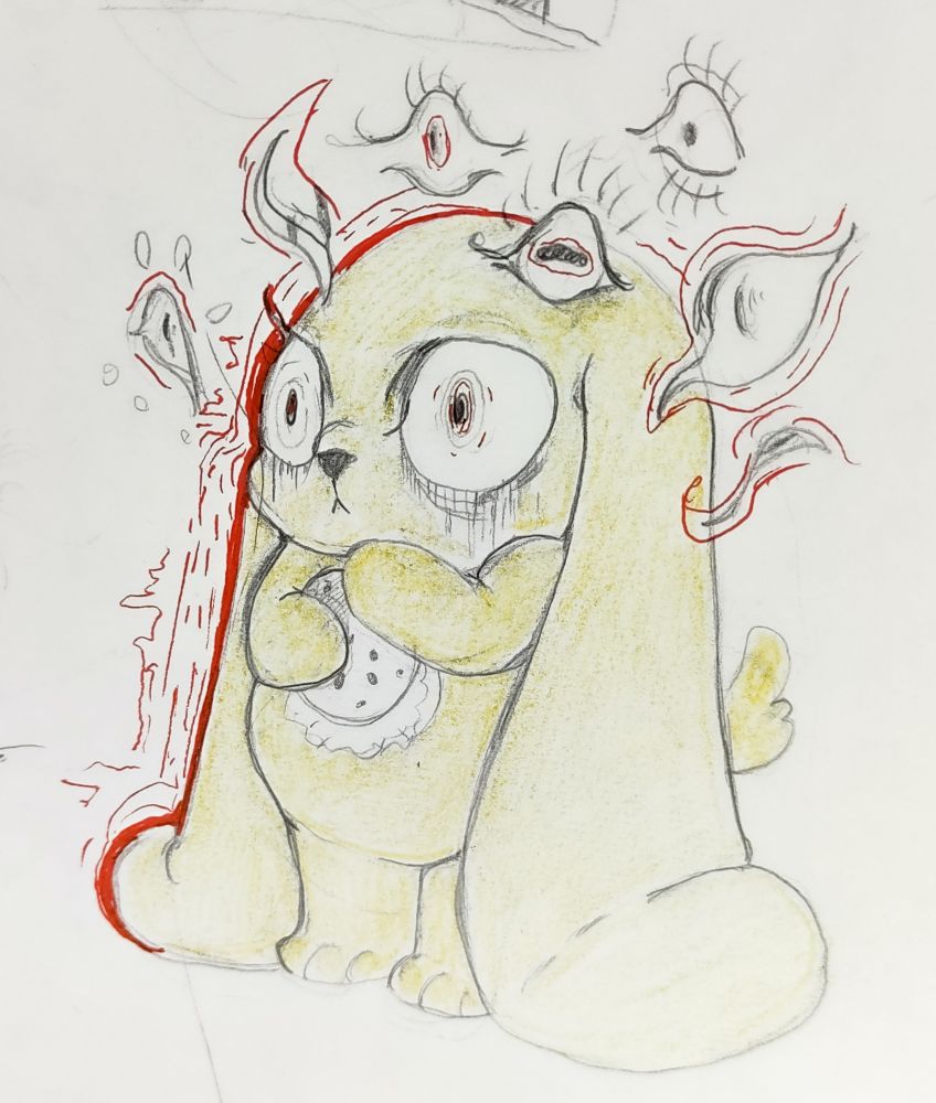 A drawing of the character Chikn nuggit who is going into his demigod of chaos form. Chikn is also holding cheez burgers hat ominously 