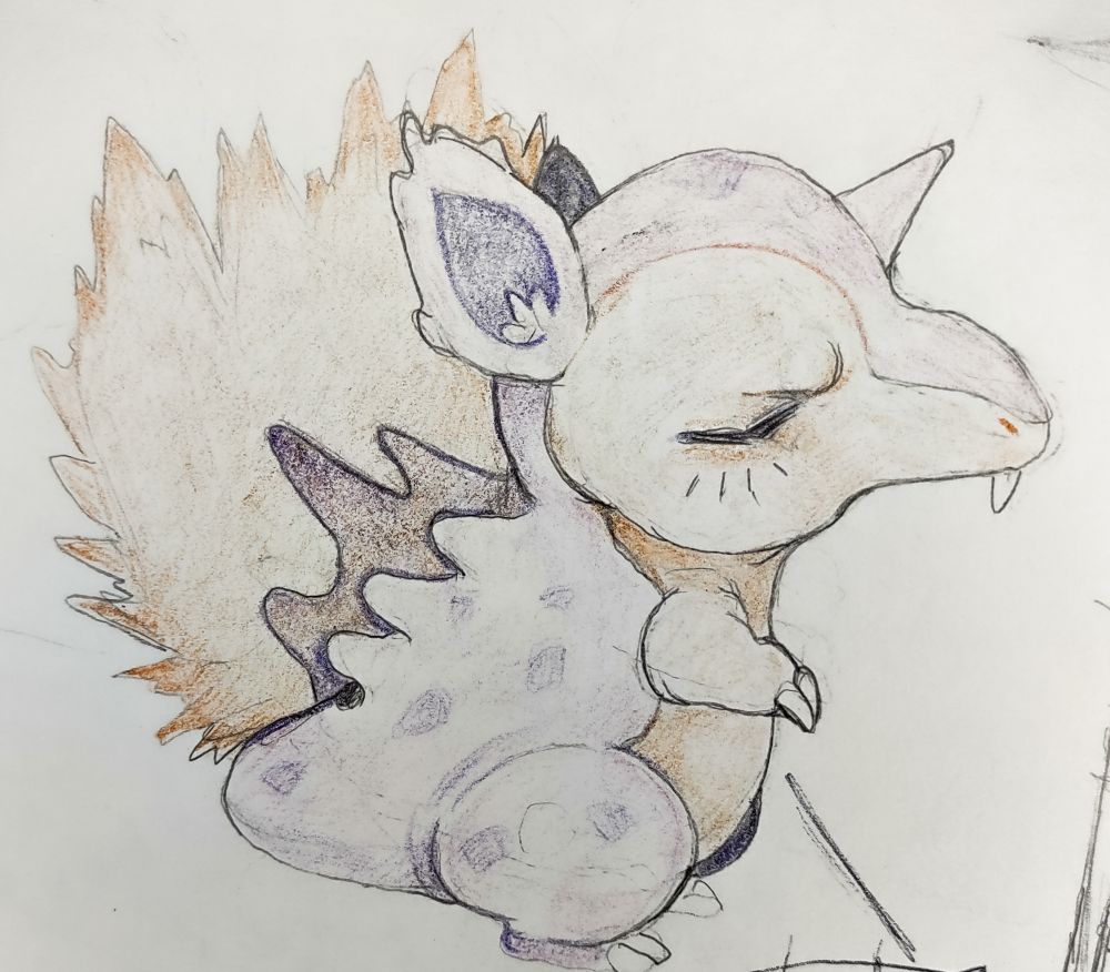 A pokemon crossbred of the pokemon nidoran and Cyndaquil. Drawn with pencil and color pencil .