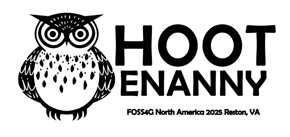 A black line drawing of an owl is on the left. On the right is text that says hootenanny FOSS4G North America 2025 Reston, VA. The hoot part of hootenanny is emphasized with larger text.