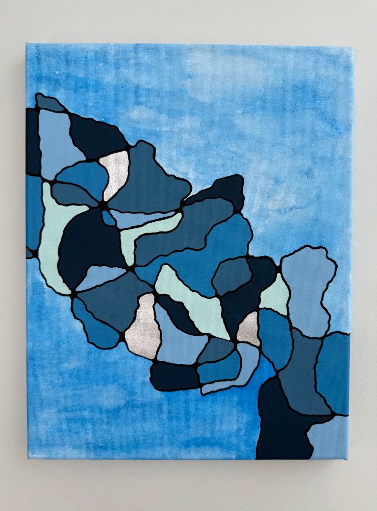 Abstract blue themed canvas painting. Rounded intersecting lines filled with shades of blue. Background is more uniform splotched blue. India ink and acrylic paint. Fall 2025 by JMG.
