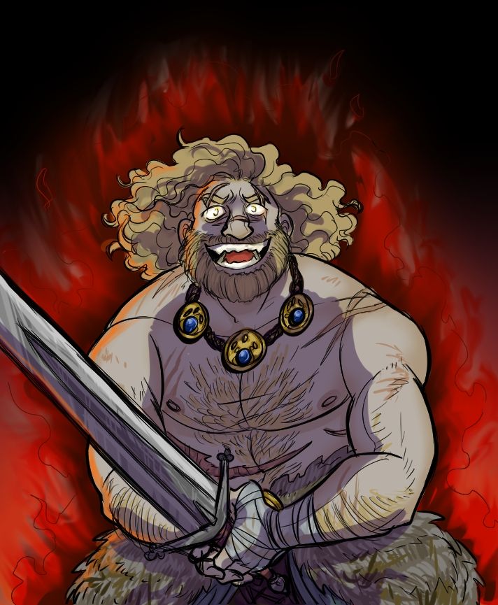 The human barbarian, Droxin The Hound, being fueled by rage, fiercely wilding his father's claymore. 