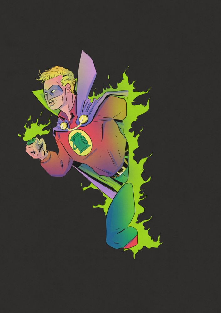 Alan Scott aka the 1940s Green Lantern slips through a solid surface using his magical green flame powers & out of the shadows

His is in his red green purple & yellow costume with his purple domino mask & high colared cape