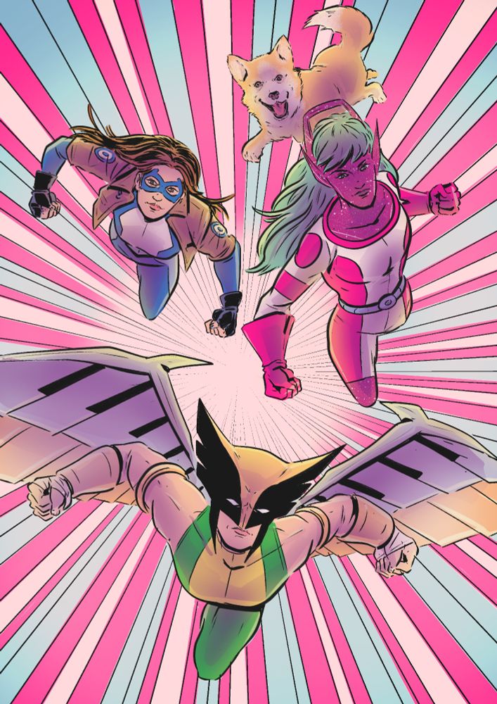 Nia Nal aka Dreamer, Taylor Barzelay aka Galaxy & Kendra Saunders aka Hawkgirl fly towards the camera, thier fists clenched with a burst of blue, pink & white stripes coming from behind them & from a white flash they are in thier current superhero costumes & look very determind