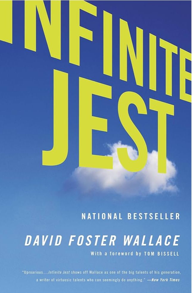 The cover of Infinite Jest by David Foster Wallace, featuring a blue sky and clouds 