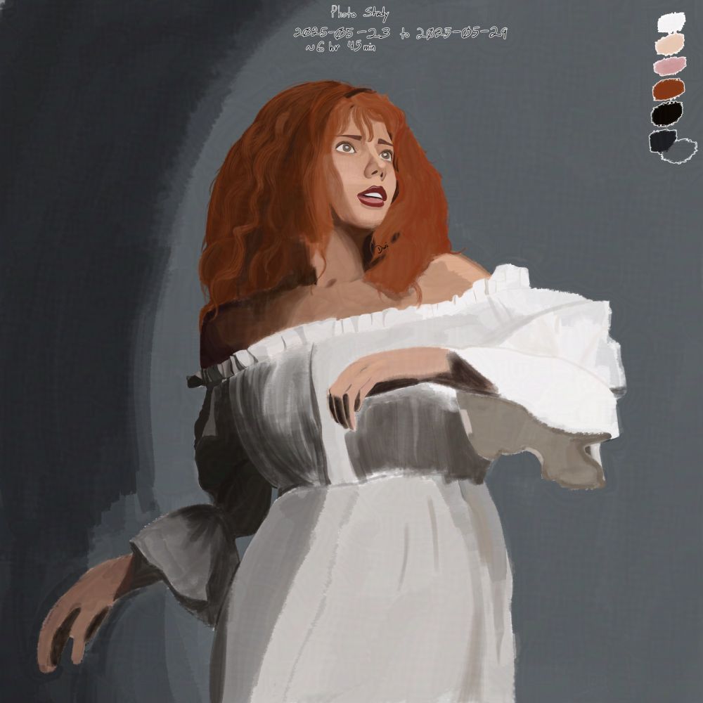 Study of a photo reference, showing a woman looking up and to the right with her left hand in front of her chest. Her other hand is off to the side, and her mouth is slightly open.

Text at the top says:
Photo Study
2025-05-23 to 2025-05-29
~6 hr 45 min