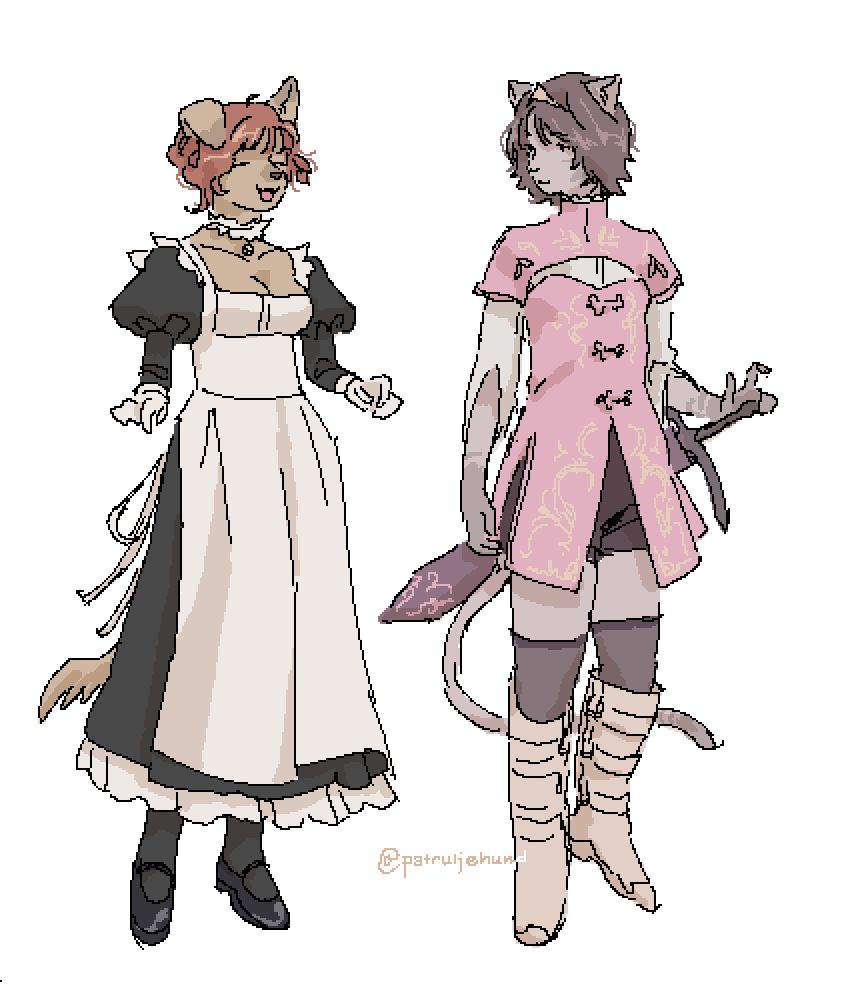 dog boy in a maid outfit and cat girl in a princess outfit with a sword and cool boots