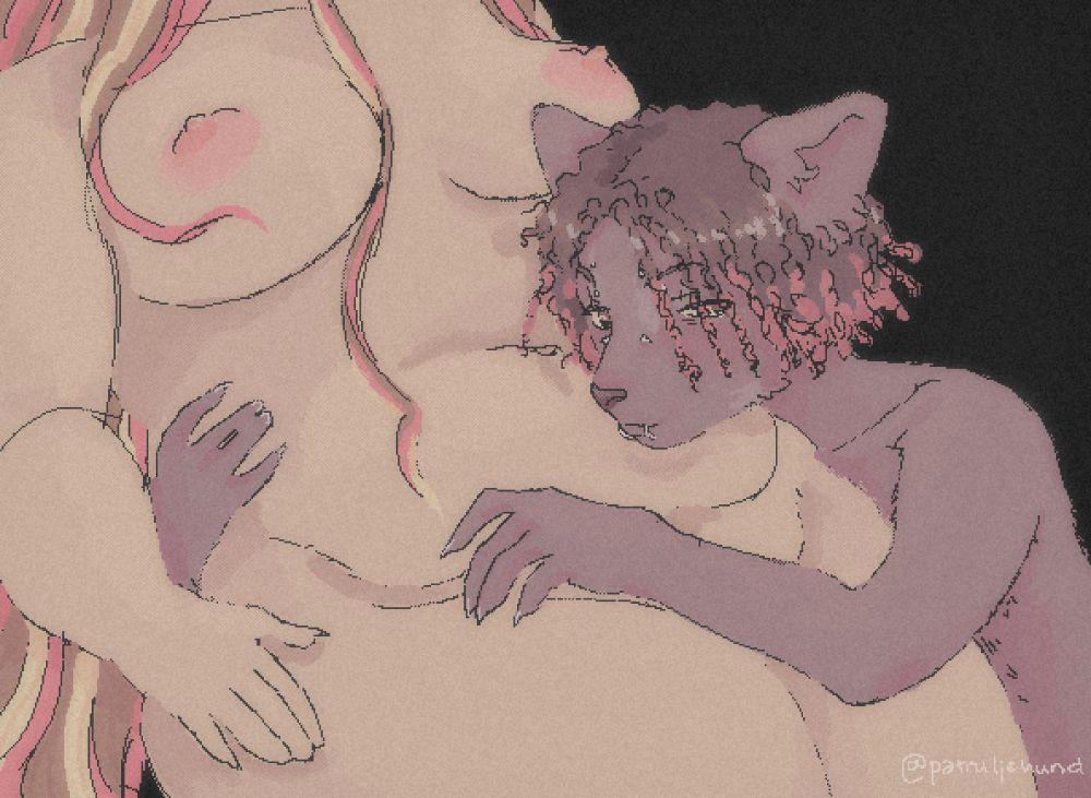 fox girl (cecil) with her arms around bunny girl (brutus) who's head is cropped out of the image. Cecil rests her head on Brutus' soft fat stomach, and looks happy and peaceful with her girlfriend