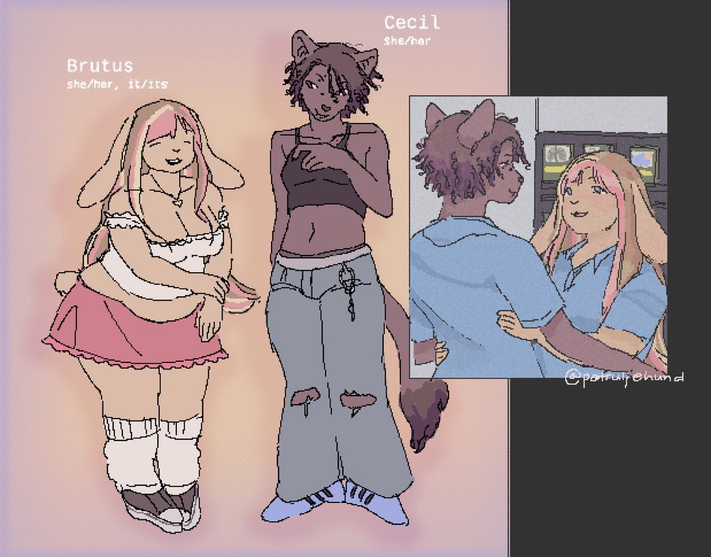 full body drawings of a bunny girl named Brutus and a fox girl named Cecil. their outfits contrast with Brutus' being very pink and pastel while Cecil's is more grey, black and blue. next to them is a scenic frame of Brutus holding Cecil's waist with her back to the cigarette shelf in a gas station convenience store, here they are wearing matching blue uniform polos.