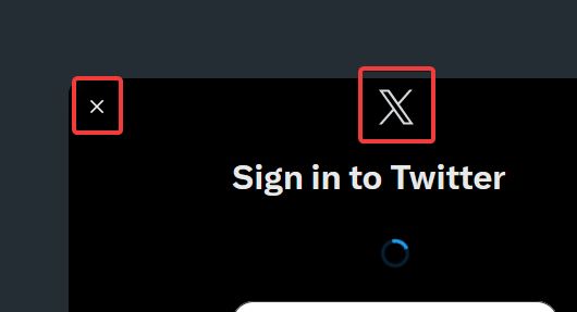 twitter login screen with the X close button and the new X logo in the same row
