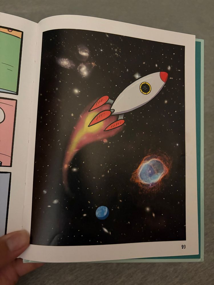 Last page of the book showing the cartoon rocket flying over more JWST images of galaxies and nebulae 