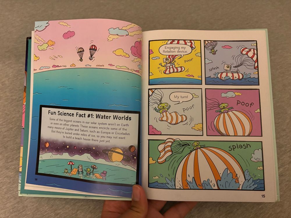 The following page showing the two characters parachuting into an ocean on K2-18b. There is also a fun fact box about water worlds 