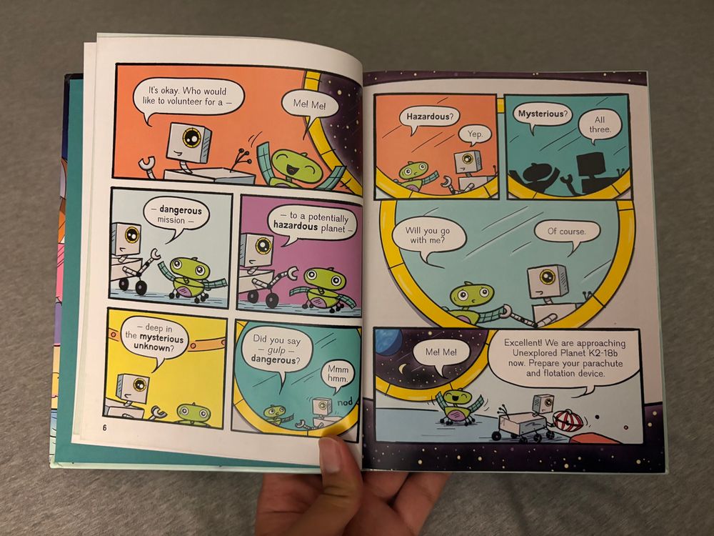 Book page showing cartoon panels of the characters River and Speck, robot exploration probes. In the last panel they talk about going to K2-18b 