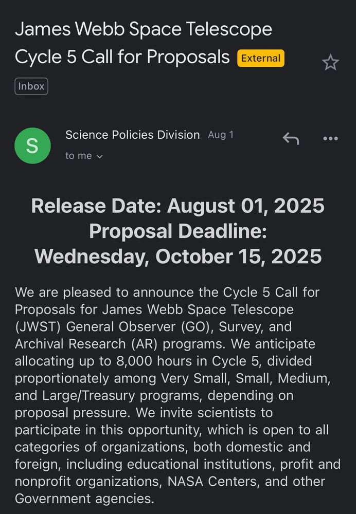screenshot of email announcing the proposal call for JWST cycle 5 