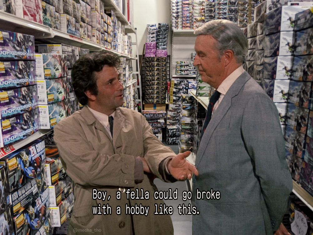 An edited image showing Columbo and a suspect standing in a gunpla hobby shop. Columbo is saying "Boy, a fella could go broke with a hobby like this."