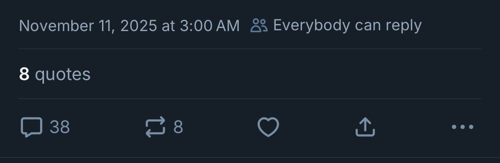 Post engagement: 38 replies, 8 quotes, zero likes