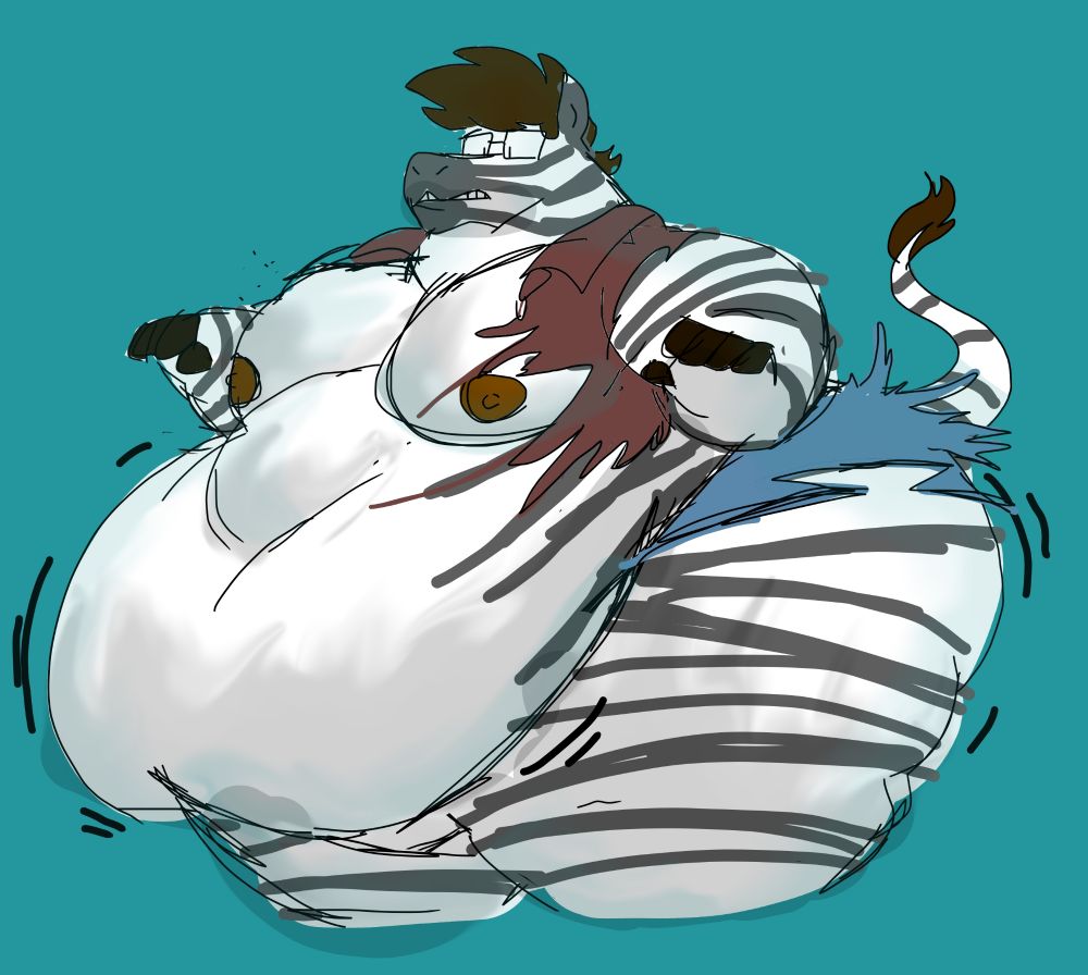 Someone suddenly being turned into a fat anthropomorphic zebra, their belly and ass destroying their clothes