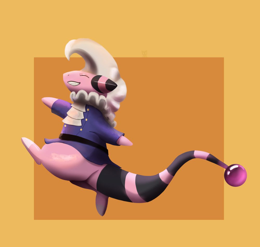 art commission of Derek the flaffy frolicking about against an orange backdrop.