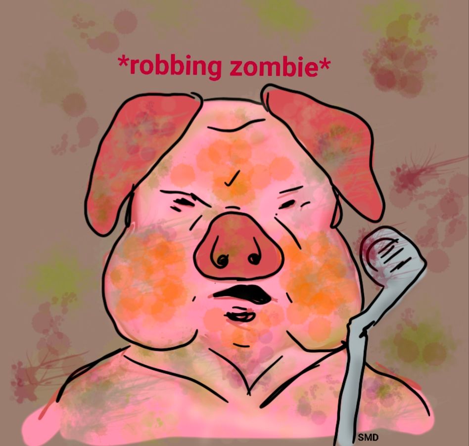 Animal Farm, zombie pig edition Alt: A digital drawing of a green gray orange splattered zombie pig looking angry with a crooked mouth, bent bloodied golf club, green and red splatters on a grayish background, and the words robbing zombie above in red. #sketchbookx #animalfarm #dailysketch 