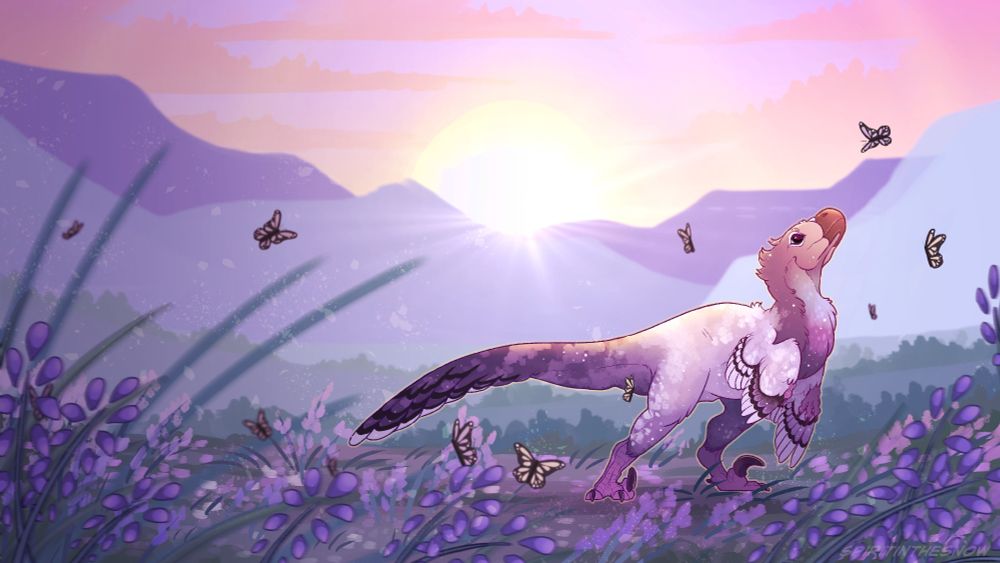 A large rectangular image with a pastel purple, pink and blue meadow-themed background. Mountains can be seen in the distance as a pale yellow sun rises behind them. 
Several silver and pale yellow butterflies can be seen in the foreground.

To the right-hand side of the image, a small feathered velociraptor can be seen (character owned by 'PrehistoricPigeon') looking up at a few of the butterflies. 