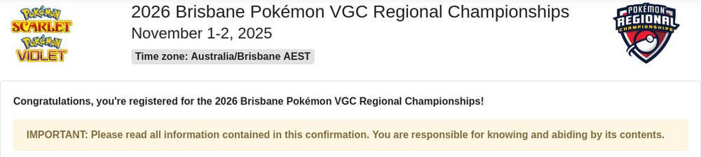 Registration confirmation page for the Brisbane VGC Regionals