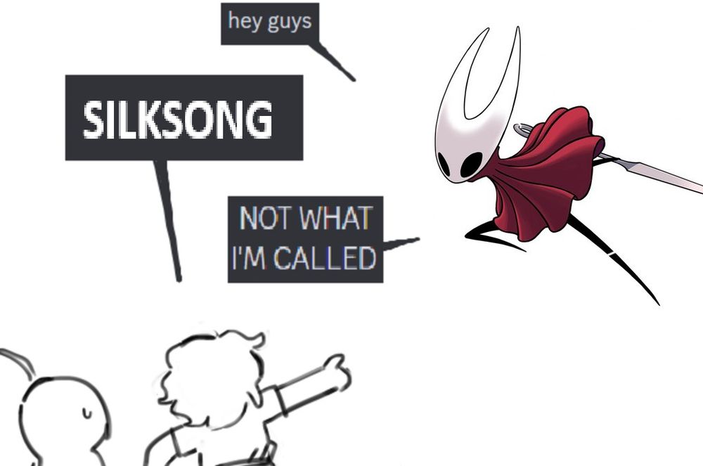 Picture of people pointing at Hornet from Hollow Knight. There are speech bubbles that read Hornet: "hey guys" crowd: "SILKSONG" Hornet: "NOT WHAT I'M CALLED"