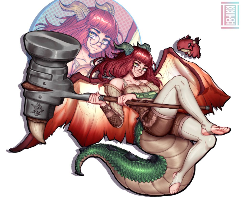 a full body illustration of a dragon girl wielding a big battlehammer acompanied by a little dragon friend