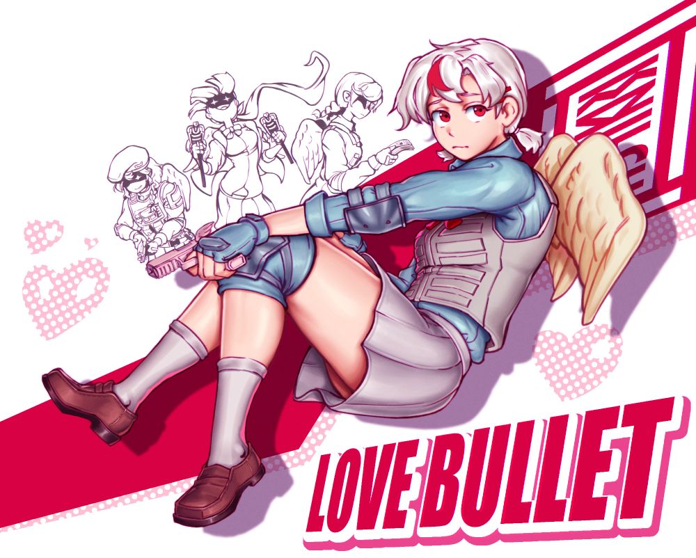 Fanart of Lovebullet with the main charakter infront with sketches of the other charakters in the background
