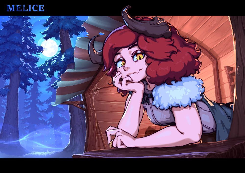 Illustration of Melice the Shopkeeper who is a short haired red headed girl pearing out of a wagon shop, holding a coin, with the bagdrop of a misty forest illuminated by the radiating light of the full moon.