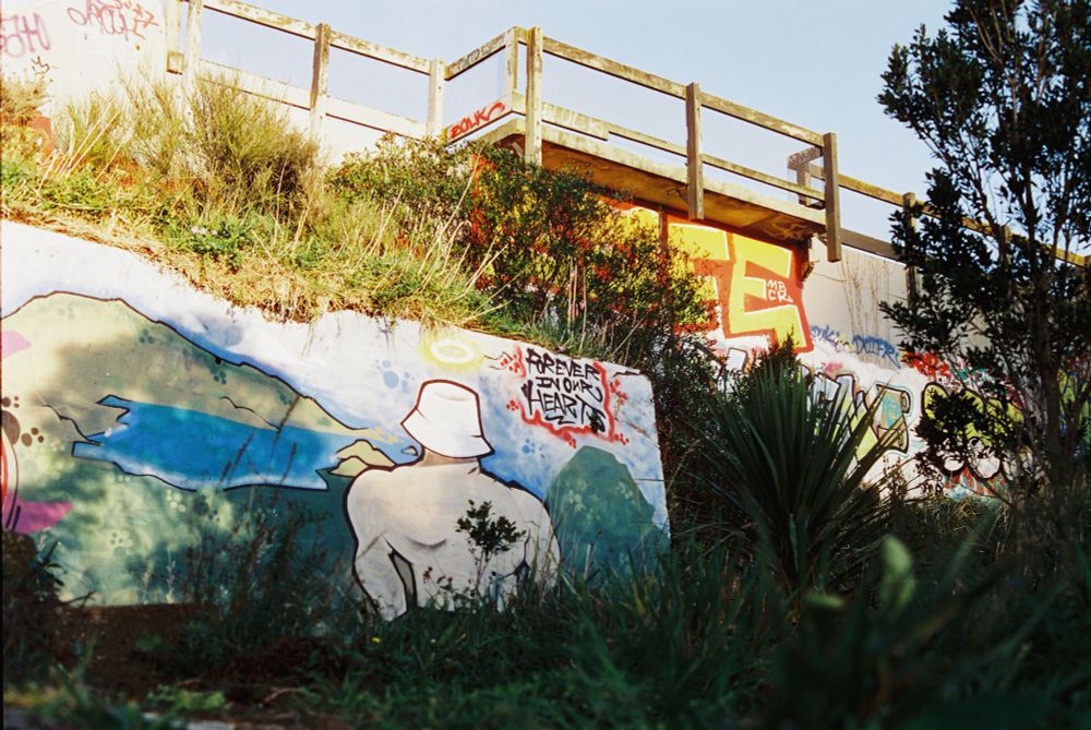 A photo of the side of an overgrown concrete wall, under a fenced balcony. The wall has brightly coloured street art painted onto it.