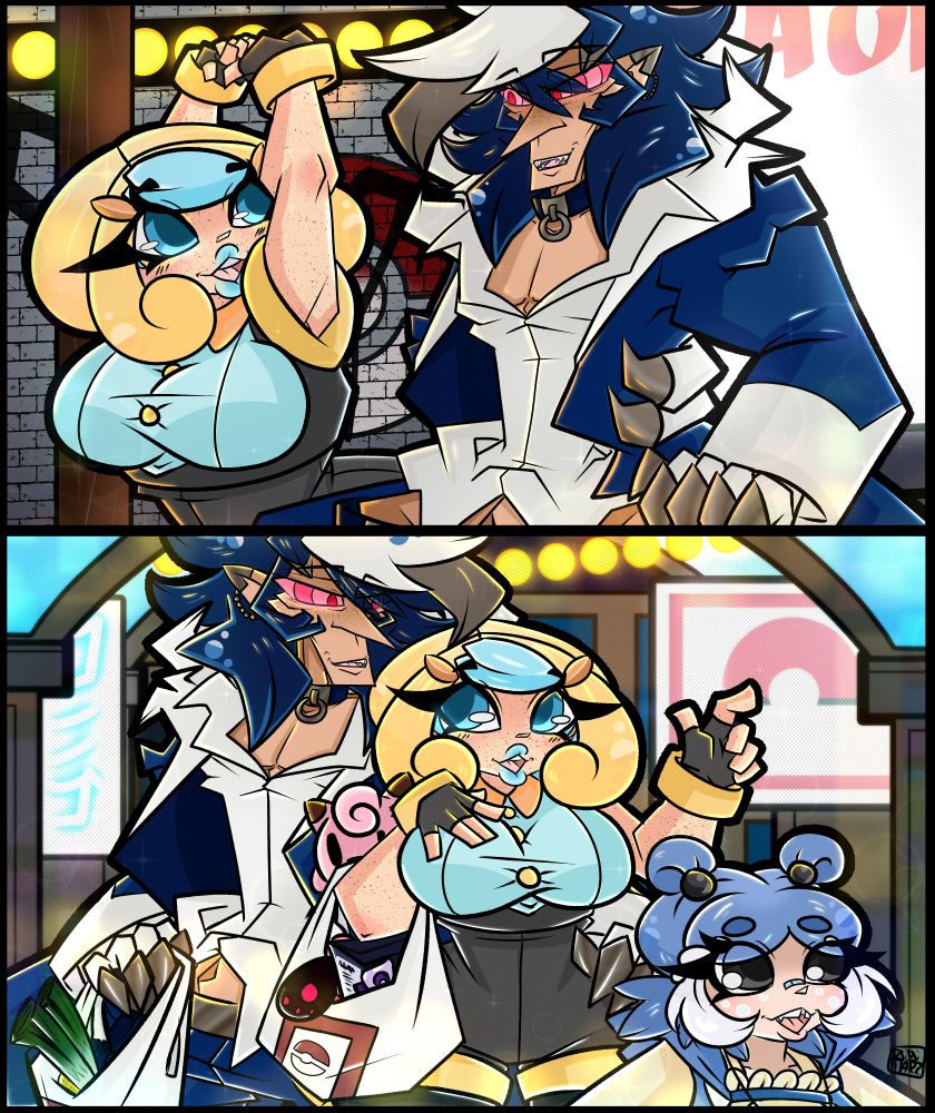 my gijinka OCs Ander shiny Lycanroc midnight and Opal shiny Illumise (bottom image has Toby spheal)