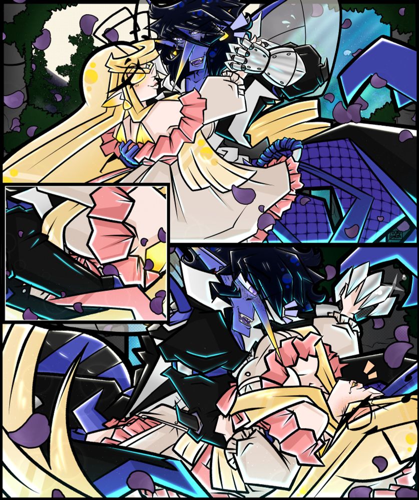Thyme and Topaz dancing 
1st panel is them almost as if they finished a rotation 
2nd panel is Thyme reaching for Topaz's lower waist
final panel, Thyme dips her
in each panel purple rose petals surround them
